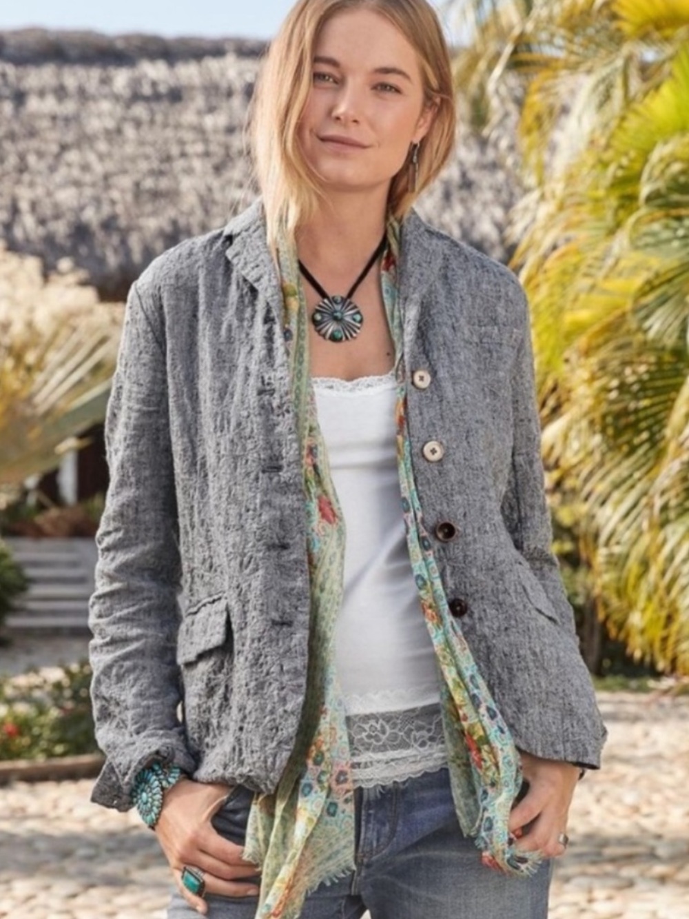 Sundance Journey Linen Cotton Embroidered Button Front Jacket Size M